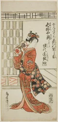Skuespilleren Hanagawa Ichinojo som Akane Gozen i stykket «Okunizome Shusse Butai», oppført på Ichimura-teatret i den ellevte måneden i 1759.