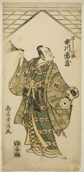 Skuespilleren Ichikawa Raizo I som Minamoto no Yoshitsune i stykket «Nihon ga Hana Hogan Biiki», oppført på Nakamura-teateret i den ellevte måneden i 1761.
