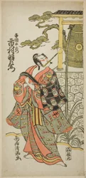 Skuespilleren Ichimura Uzaemon IX som Teraoka Heiemon i stykket «Hoshi Aikotoba Higashiyama no Sakae», oppført på Ichimura-teatret i den niende måneden i 1763.