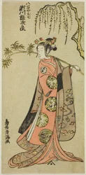 Skuespilleren Segawa Yujiro I som Oshichi i stykket «Edo no Haru Meisho Soga», oppført på Ichimura-teateret i den tredje måneden i 1773.