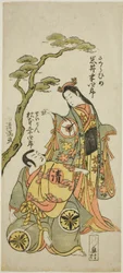 Skuespillerne Iwai Hanshiro IV som Sakura Hime og Matsumoto Koshiro IV som prest Seigen i stykket «Wada Sakamori Eiga Kagami», oppført på Namakumura-teateret i den første måneden i 1773.