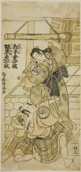 Matsumoto Koshiro III som Oroku og Bando Hikosaburo II som Fujitaro i stykket quot;Shomei Muken no Kane,quot; fremført på Nakamura Theatre i den niende måneden av