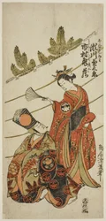 Skuespillerne Segawa Kikunojo II som Miwa og Ichimura Kamezo I som Hikoso i stykket «Ume Momiji Date no Okido», oppført på Ichimura-teatret i den ellevte måneden i 1760.