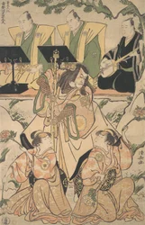 Skuespillere i en shosa-forestilling som kombinerer skuespill og dans, ca. 1790.