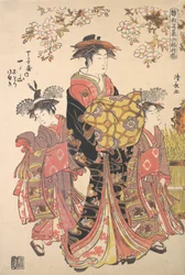 En Oiran akkompagnert av to biter.