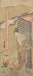 En Oiran i nattdrakt, pause, med én hånd på skjermen som omgir sengen hennes,..., ca. 1770.