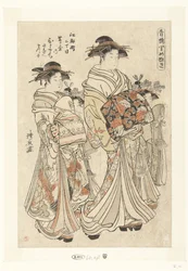 Courtisane Hitomachi fra Tsutaya-huset med sin kamuro Sanae en Matsuyo Edocho nichome Tsutaya uchi Hitomachi Sanae Matsuyo (tittel på objekt) Viktige personer uit de lusthuizen (serietittel) Seiro satomenuki (tittel på objekt)