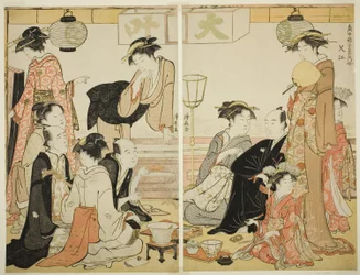 Entertainers of Nakazu, fra serien "A Collection of Contemporary Beauties of the Pleasure Quarters (Tosei yuri bijin awase)"