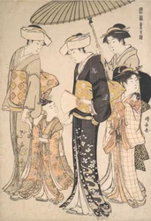 Høyt rangert Samurai Girl with Four Attendants, fra serien A Brocade of Eastern M..., ca. 1784.