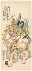Matsumoto Koshiro III som Kusunoki Bokon og Sawamura Kijuro som Omori Hikoshichi i scenen fra et drama