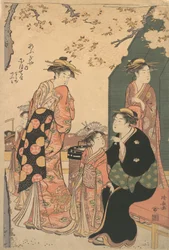 Portrett av kurtisanen Nioteru fra Ogiya, med hennes to ledsagere Namiji og Ao-..., ca. 1785.