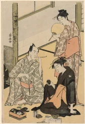 Skuespilleren Matsumoto Koshiro IV med familien, fra en serie uten tittel på fire utskrifter som viser skuespillere i privatlivet