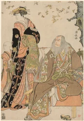 Skuespillerne Ichikawa Danjuro V som Hige no Ikyu, Nakamura Riko som Agemaki og Ichikawa Ebizo som Agemakis ledsager i stykket «Sukeroku Yukari no Edozakura» på Nakamura-teatret i den tredje måneden i 1784.