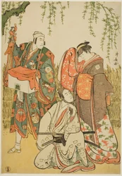 Skuespillerne Ichikawa Yaozo III som Shiragiku, Ichikawa Danjuro V som dukkefører Dekurokubei, og Sawamura Sojuro III som Soga no Juro, i joruri "Shinobukoi Yanagi no Katsura Otoko," opptrådte på Nakamura Theatre den første måneden, 1785