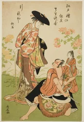 Skuespillerne Iwai Hanshiro IV som Kuzunoha, Ichikawa Yaozo III som Yakanpei og Ichikawa Ebizo IV som Abe no Doji, i stykket "Ashiya Doman Ouchi Kagami," fremført på Nakamura Theatre i den niende måneden, 1784