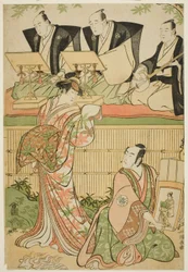 Skuespillerne Matsumoto Koshiro IV som Ukita Sakingo og Sawamura Sojuro III som spøkelset til kurtisanen Takao, i stykket "Ominaeshi Sugata no Hatsuaki," fremført på Nakamura Theatre, 1788