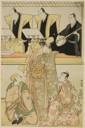 Skuespillerne Nakayama Kojuro VI (Nakamura Nakazo I) som Chidori, Sawamura Sojuro III som Shigemori, og Ichikawa Yaozo III som Yoshibei, i shosaen "Fukyoku Edo Geisha," fremført på Nakamura Theatre i den ellevte måneden, 1785