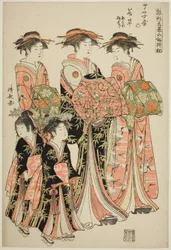 Kurtisanen Wakakusa fra Chojiya med hennes ledsagere Asano og Midori, fra serien "Models for Fashion: New Designs as Fresh as Young Leaves (Hinagata wakana no hatsu moyo)"