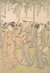 Tre kvinner og en liten gutt under en Wisteria-arbor på bredden av en bekk, ca. 1790.