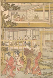 Uranosuke spiller Blind Man's Buff med kvinnene i Ichiriki Joroya, ca. 1790.