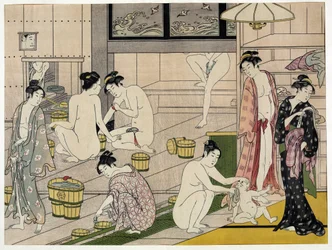 Kvinner i et offentlig bad. Japansk trykk av Torii Kiyonaga (1752-1815), omkring 1785. Torii-skolen (ukiyo-e eller ukiyoe).