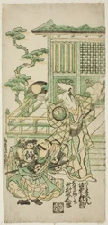 Skuespillerne Bando Hikosaburo I som Araki Shozaemon og Nakamura Sukegoro I som Daidoji Tahatanosuke i stykket "Chigozakura Futabajikki", fremført på Ichimura Theatre i tiende måned, 1746