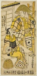 Skuespillerne Ichikawa Danjuro II som Onio Shinzaemon og Ichikawa Masugoro som Soga no Goro i stykket "Furiwake-gami Hatsugai Soga," fremførte på Ichimura Theatre den første måneden, 1735