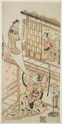 Skuespillerne Ichikawa Ebizo II som Mushanosuke, Segawa Kikunojo I som Ochiyo, og Matsushima Kichisaburo som Ochiyos ånd i stykket quot;Higashiyama Gojitsu Yaoya Hanbei,quot; opptrådte på Nakamura Theatre i den åttende måneden, 1744