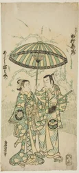 Skuespillerne Ichimura Kamezo I som Kanto Koroku og Arashi Tominosuke I som Hayasaki i stykket "Hokazo Yunzei Hachinoki," fremførte på Ichimura Theatre i den ellevte måneden, 1748