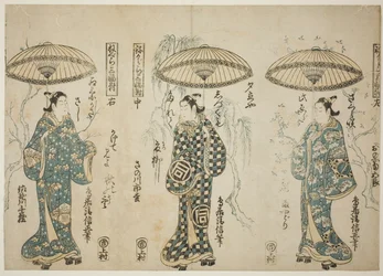 Skuespillerne Onoe Kikugoro I (til høyre), Sanogawa Ichimatsu I (i midten) og Sanogowa Senzo (til venstre), fra triptyken "Negura sanpukutsui"
