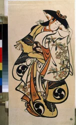 Mannlig skuespiller som spiller kvinnen. Trykk av Torii Kiyonobu den eldste (1664-1729)
