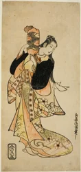 Skuespilleren Ichikawa Monnosuke I som Oiso no Tora i stykket "Nigiwai Suehiro Soga," fremførte på Morita Theatre den første måneden, 1721 (?)