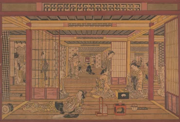 En innvendig utsikt i Yoshiwara, ca. tidlig på 1740-tallet.