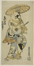 Skuespilleren Sawamura Sojuro I som Soga no Juro i stykket "Tsuru Kame Osana Soga," fremførte på Ichimura Theatre den første måneden, 1721 (?)