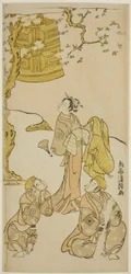Skuespillerne Segawa Kikunojo II, Ichikawa Komazo II og Arashi Otohachi I i stykket "Fude Hajime Soga no Tamazusa," fremførte på Nakamura Theatre den første måneden, 1768