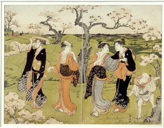 Piknik under kirsebærblomster i Assaakayama. Japansk trykk av Torii Kiyonaga (1752-1815), Ukiyo-E-stil