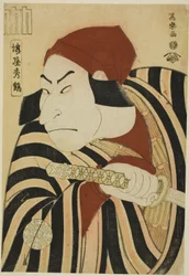 Nakamura Nakazo II som prins Koretaka forkledd som bonden Tsuchizo i stykket "Intercalary Year Praise of a Famous Poem (Uruo Toshi Meika no Homare)," fremført på Miyako Theatre i den ellevte måneden, 1794