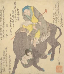Kinesisk vismann som leser mens du sykler på en bøffel, ca. 1820.
