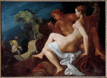 Angelique et Medor Illustrasjon for "" Le Roland Furieux"" (Orlando Furioso) av Ludovic Ariosto (Arioste) som representerer Medor (Medoro) som skriver navnet til Angelique (Angelica), som han nettopp har sluttet seg til, på berget - Nederst , Roland kommer