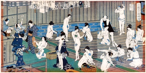 Badehusscene, et trykk av Toyohara Kunichika, 1800-tallet
