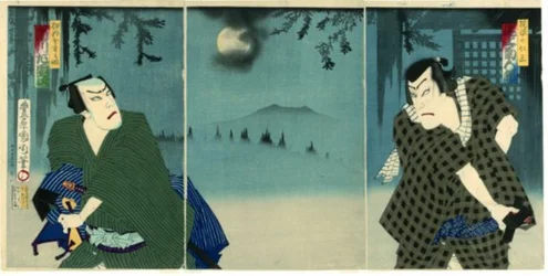 Onoe Kikugorō V som Daiba no Jinzō og Ichikawa Sadanji I som Itamiya Jubei