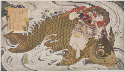 P.375-1937 Oniwaka Mara (Little Demon) overvinner en gigantisk karpe, Surimono diptych, scene fra livet til 1100-tallets helt Benkei, ca. 1830 (treblokk)