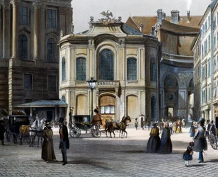 Burgtheater i Wien Michaelerplatz med Winterreitschule (vinterrideskole) til høyre, av Tranquillo Mollo (1767-1837), farget gravering, Østerrike