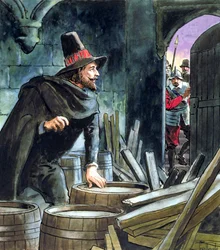 Guy Fawkes, tatt på fersk gjerning under forberedelsen av kruttsammensvergelsen, 1605, ca. 1900