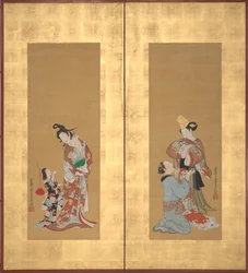 Shirabyoshi-danser og kvinnelig tjener, kurtisan og jentebetjent, midten av 1700-tallet.