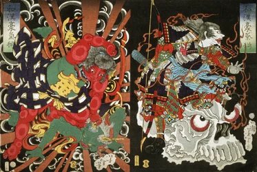 Kintoki overmanner en demon og en kriger på skallen, 1868 (treblokktrykk i farger)