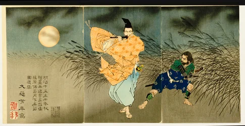 Triptyk av «Fujiwara no Yasumasa spiller fløyte i måneskinn», 1883