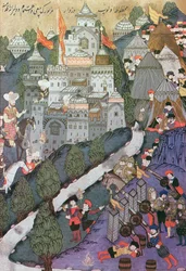 Slaget ved Nicopolis, 25.–28. september, 1396, faksimile av en miniatyr bevart i Topkapi-museet i Istanbul