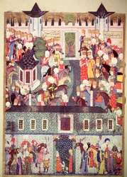 H 1517, fol. 17v, Suleiman den stores (1494-1566) tronbestigelse, fra «Suleymanname» av Arifi, 1558