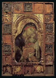 Icon of the Virgin of Tenderness (blandet media på panel)